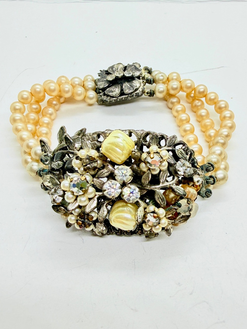 Original by Robert Triple Strand Faux Pearl & Rhinestone Bracelet 7.25”‎ Vintage